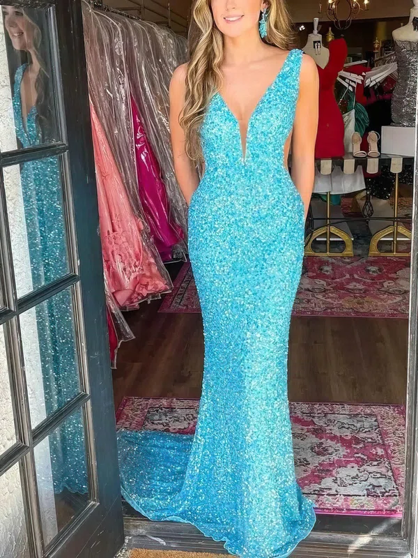 Trumpet/Mermaid V-neck Sequined Sweep Train Prom Dresses #Favs020114935
