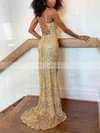 Sheath/Column V-neck Sequined Sweep Train Prom Dresses With Split Front #Favs020114936