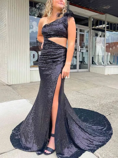 Sheath/Column One Shoulder Sequined Sweep Train Prom Dresses With Feathers / Fur #Favs020114941