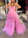 Princess V-neck Tulle Glitter Sweep Train Prom Dresses With Tiered #Favs020114942