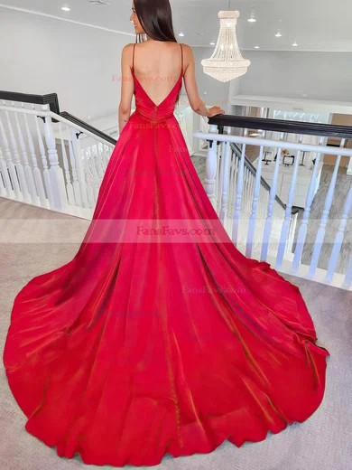 A-line Square Neckline Silk-like Satin Sweep Train Prom Dresses With Split Front #Favs020114944