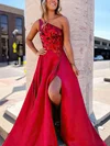 A-line One Shoulder Satin Sequined Sweep Train Prom Dresses With Split Front #Favs020114947