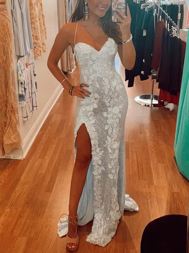 Sheath/Column V-neck Sequined Sweep Train Prom Dresses With Split Front #Favs020114955