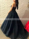 A-line Strapless Tulle Sweep Train Prom Dresses With Beading #Favs020114974