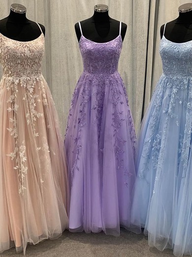 A-line Scoop Neck Tulle Sweep Train Prom Dresses With Appliques Lace #Favs020114975