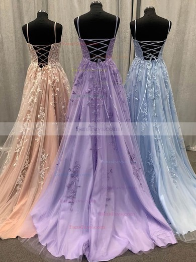 A-line Scoop Neck Tulle Sweep Train Prom Dresses With Appliques Lace #Favs020114975