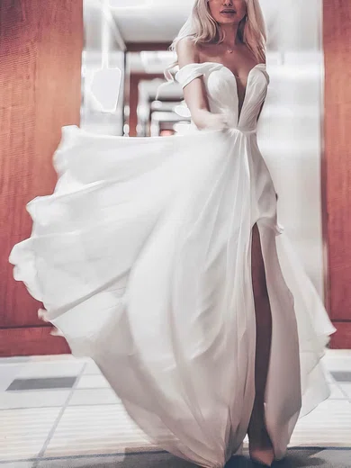 A-line Off-the-shoulder Chiffon Sweep Train Prom Dresses With Split Front #Favs020114978