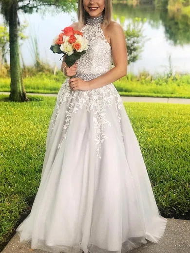 A-line Halter Tulle Glitter Floor-length Prom Dresses With Sashes / Ribbons #Favs020114980