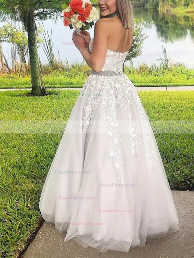 A-line Halter Tulle Glitter Floor-length Prom Dresses With Sashes / Ribbons #Favs020114980