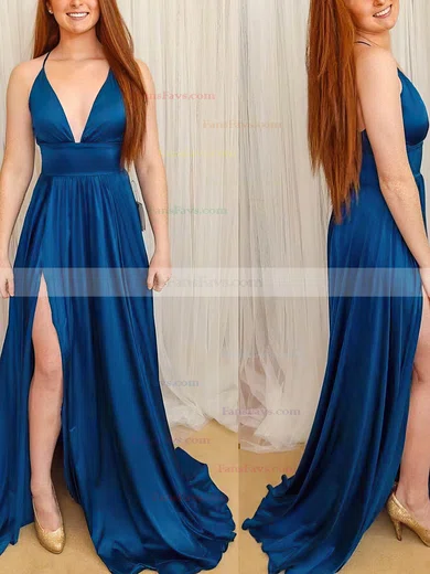 A-line V-neck Jersey Sweep Train Prom Dresses With Split Front #Favs020114996