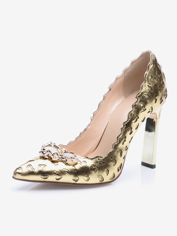 Women's Gold Real Leather Chunky Heel Pumps #Favs03030676