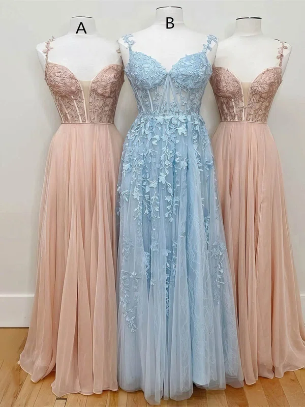 A-line V-neck Lace Tulle Floor-length Prom Dresses With Appliques Lace #Favs020115016