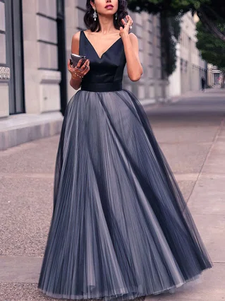 Princess V-neck Satin Tulle Floor-length Pleats Prom Dresses #Favs020102454 Princess V-neck Satin Tulle Floor-length Pleats Prom Dresses #Favs020102454