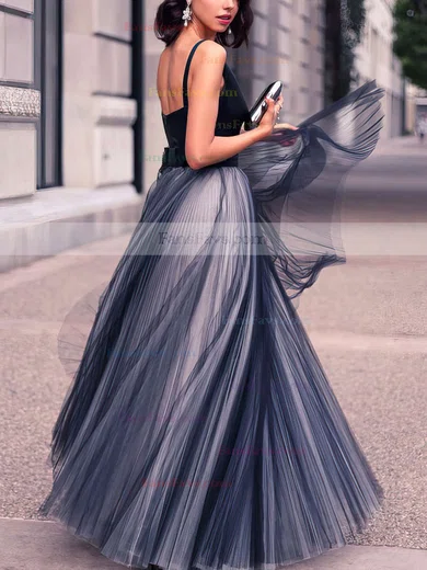 Princess V-neck Satin Tulle Floor-length Pleats Prom Dresses #Favs020102454