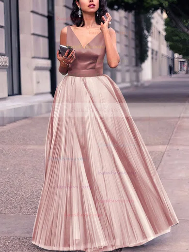 Princess V-neck Satin Tulle Floor-length Pleats Prom Dresses #Favs020102454