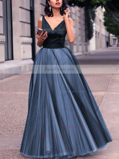 Princess V-neck Satin Tulle Floor-length Pleats Prom Dresses #Favs020102454