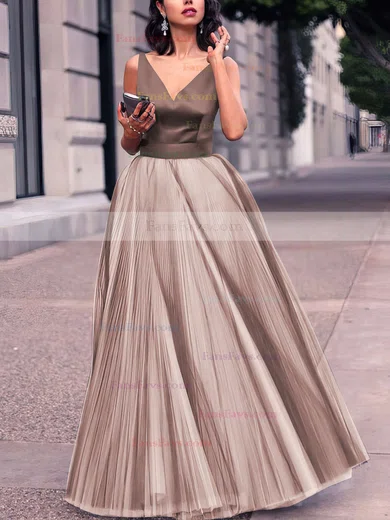 Princess V-neck Satin Tulle Floor-length Pleats Prom Dresses #Favs020102454