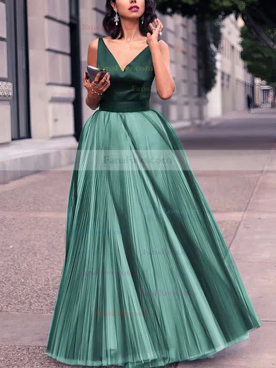Princess V-neck Satin Tulle Floor-length Pleats Prom Dresses #Favs020102454