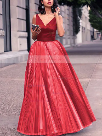 Princess V-neck Satin Tulle Floor-length Pleats Prom Dresses #Favs020102454