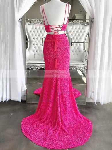 Sheath/Column V-neck Sequined Sweep Train Prom Dresses With Split Front #Favs020115032