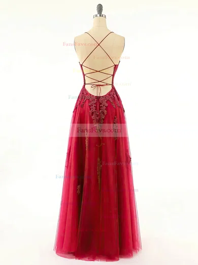 A-line Scoop Neck Tulle Floor-length Prom Dresses With Appliques Lace #Favs020115039