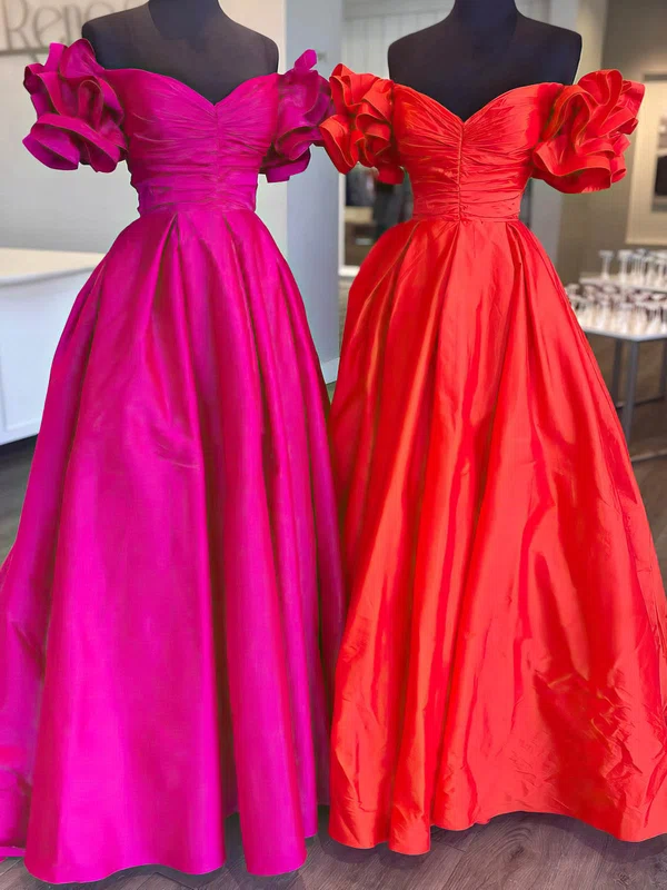 A-line Off-the-shoulder Satin Floor-length Prom Dresses With Ruffles #Favs020115048