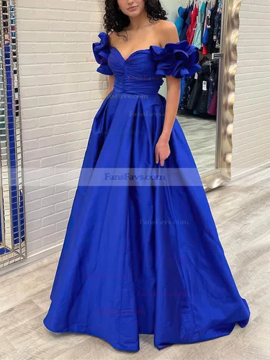 A-line Off-the-shoulder Satin Floor-length Prom Dresses With Ruffles #Favs020115048