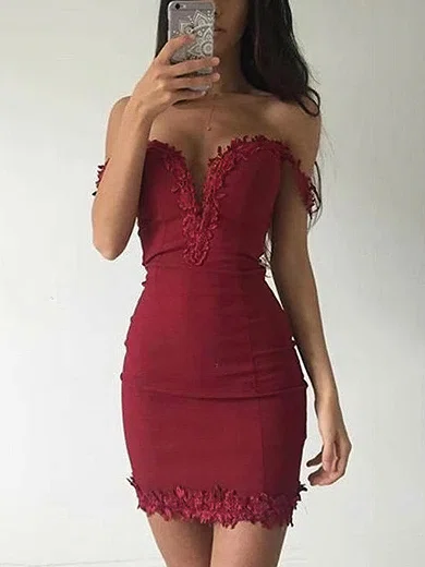 Sheath/Column Off-the-shoulder Stretch Crepe Short/Mini Homecoming Dresses With Lace #Favs020110377