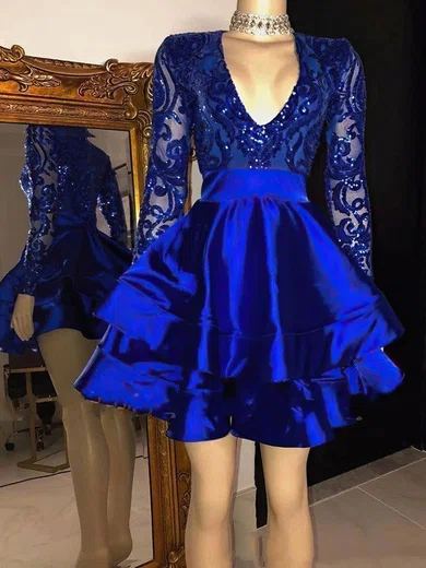 A-line V-neck Satin Short/Mini Homecoming Dresses With Sequins #Favs020110421