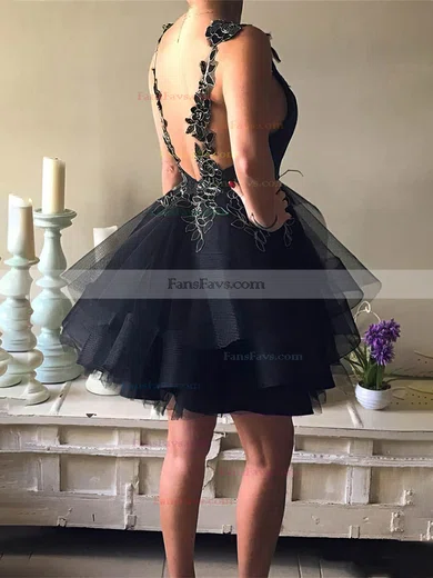 A-line V-neck Tulle Short/Mini Homecoming Dresses With Lace #Favs020110424
