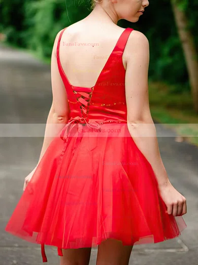 A-line V-neck Tulle Short/Mini Homecoming Dresses With Beading #Favs020110426