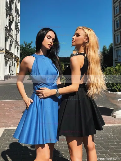 A-line Scoop Neck Satin Short/Mini Homecoming Dresses With Pockets #Favs020110389