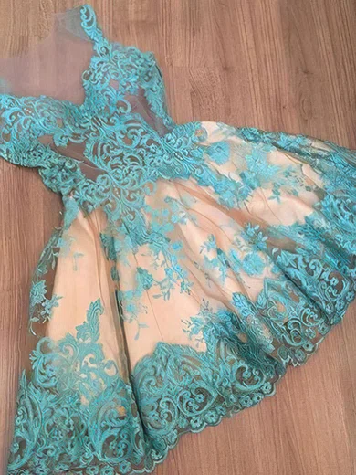 A-line Scoop Neck Tulle Short/Mini Homecoming Dresses With Appliques Lace #Favs020110431