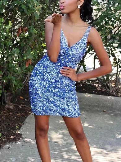 Sheath/Column V-neck Sequined Short/Mini Homecoming Dresses #Favs020110395