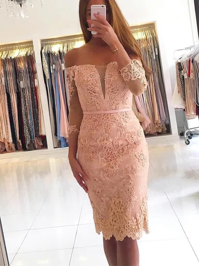 Sheath/Column Off-the-shoulder Tulle Knee-length Homecoming Dresses With Appliques Lace #Favs020110435