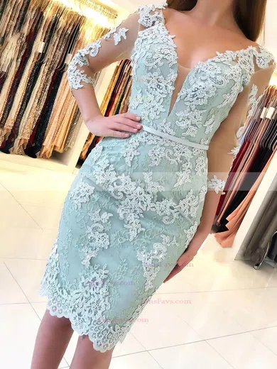 Sheath/Column Off-the-shoulder Tulle Knee-length Homecoming Dresses With Appliques Lace #Favs020110435