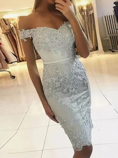 Sheath/Column Off-the-shoulder Tulle Knee-length Homecoming Dresses With Appliques Lace #Favs020110436