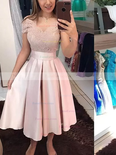 A-line Off-the-shoulder Satin Knee-length Homecoming Dresses With Appliques Lace #Favs020110437