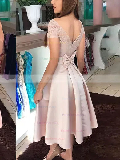 A-line Off-the-shoulder Satin Knee-length Homecoming Dresses With Appliques Lace #Favs020110437