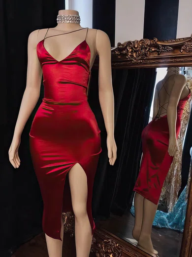 Sheath/Column V-neck Silk-like Satin Tea-length Homecoming Dresses With Split Front #Favs020110438