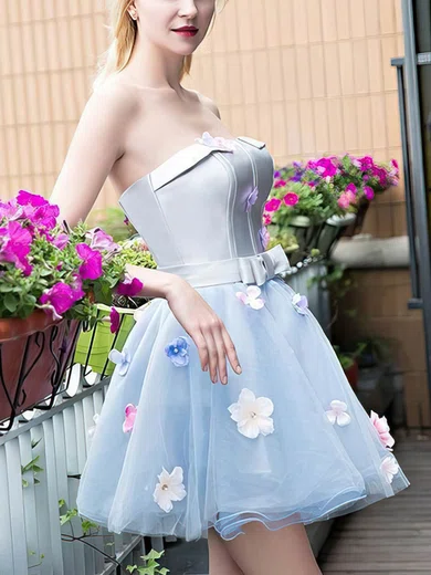 A-line Strapless Satin Short/Mini Homecoming Dresses With Sashes / Ribbons #Favs020110441