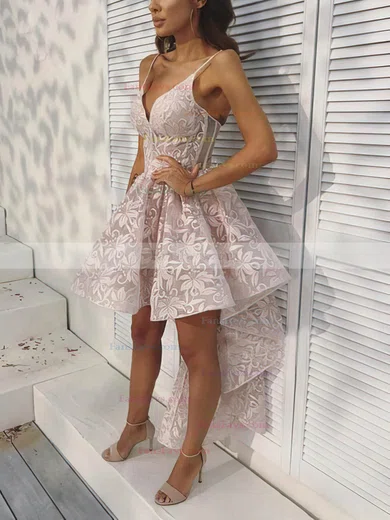 A-line V-neck Lace Asymmetrical Homecoming Dresses #Favs020110442