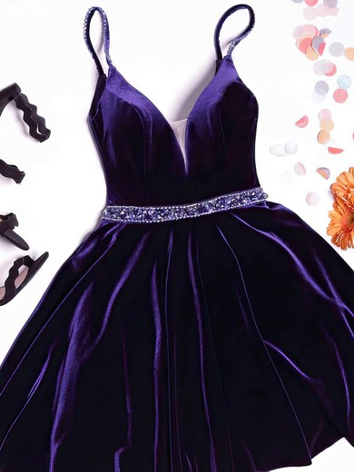 A-line V-neck Velvet Short/Mini Homecoming Dresses With Sashes / Ribbons #Favs020110443