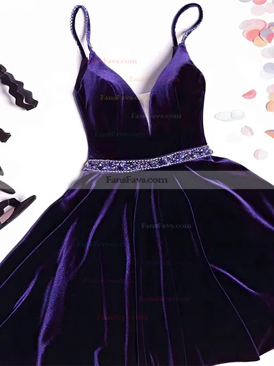 A-line V-neck Velvet Short/Mini Homecoming Dresses With Sashes / Ribbons #Favs020110443