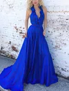 A-line V-neck Silk-like Satin Sweep Train Prom Dresses With Cascading Ruffles #Favs020115068
