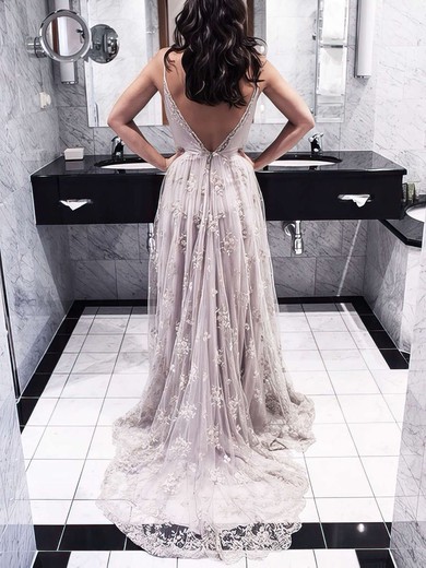 A-line V-neck Lace Court Train Lace Prom Dresses #Favs020102459