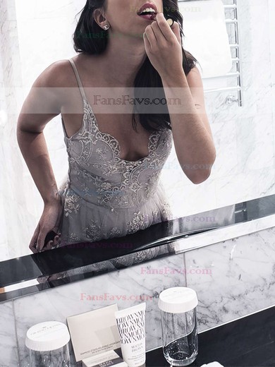 A-line V-neck Lace Court Train Lace Prom Dresses #Favs020102459