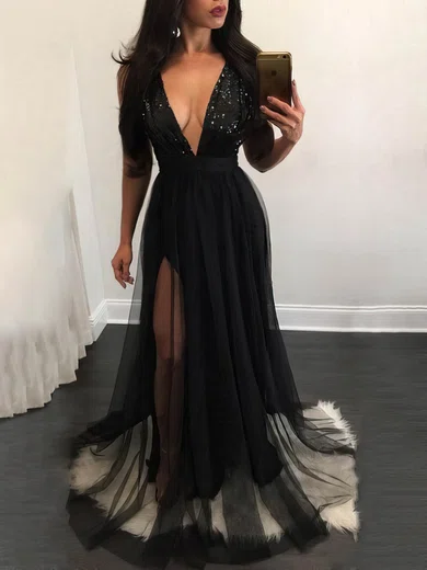 A-line V-neck Tulle Sequined Sweep Train Prom Dresses #Favs020115071