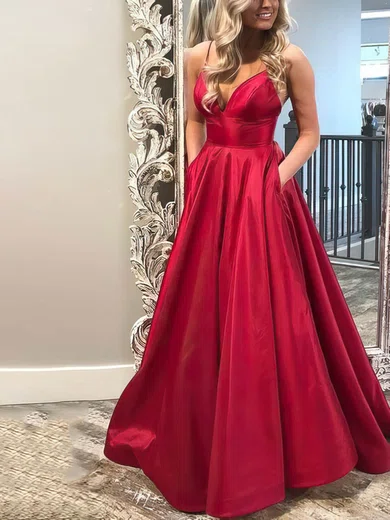 A-line V-neck Satin Floor-length Prom Dresses With Pockets #Favs020115077