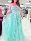 A-line Off-the-shoulder Tulle Sweep Train Prom Dresses With Appliques Lace #Favs020115105